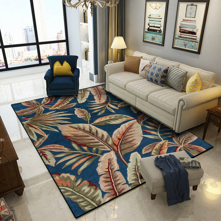 Lisslune | Blue Tropical Carpet Polyester Leaf Print Carpet Washable Non-Slip Back Carpet for Living Room