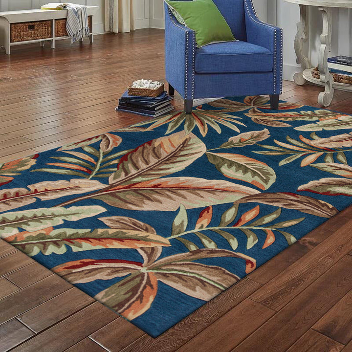 Lisslune | Blue Tropical Carpet Polyester Leaf Print Carpet Washable Non-Slip Back Carpet for Living Room