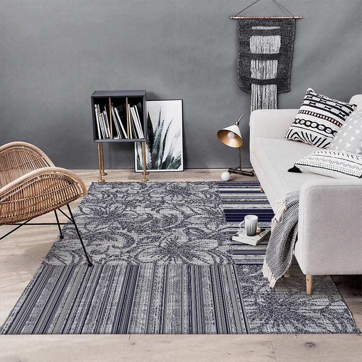 Lisslune | Shabby Chic Flower Pattern Rug with Stripes Dark Gray Polyester Rug Machine Washable Non-Slip Rug for the Living Room