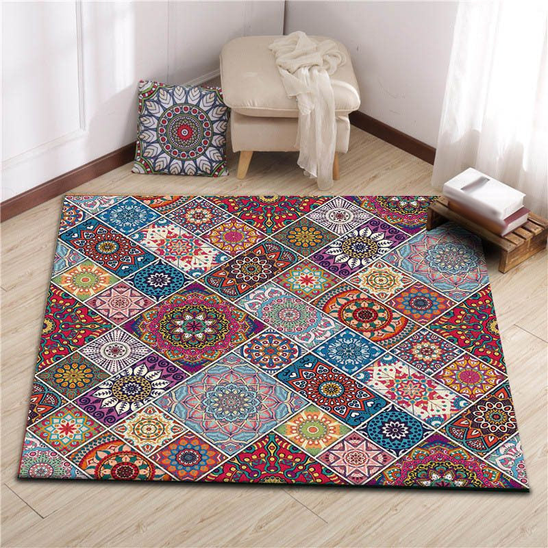 Lisslune | Colorful Bedroom Carpet Moroccan Tiles Carpet Polyester Non-slip Backing Carpet
