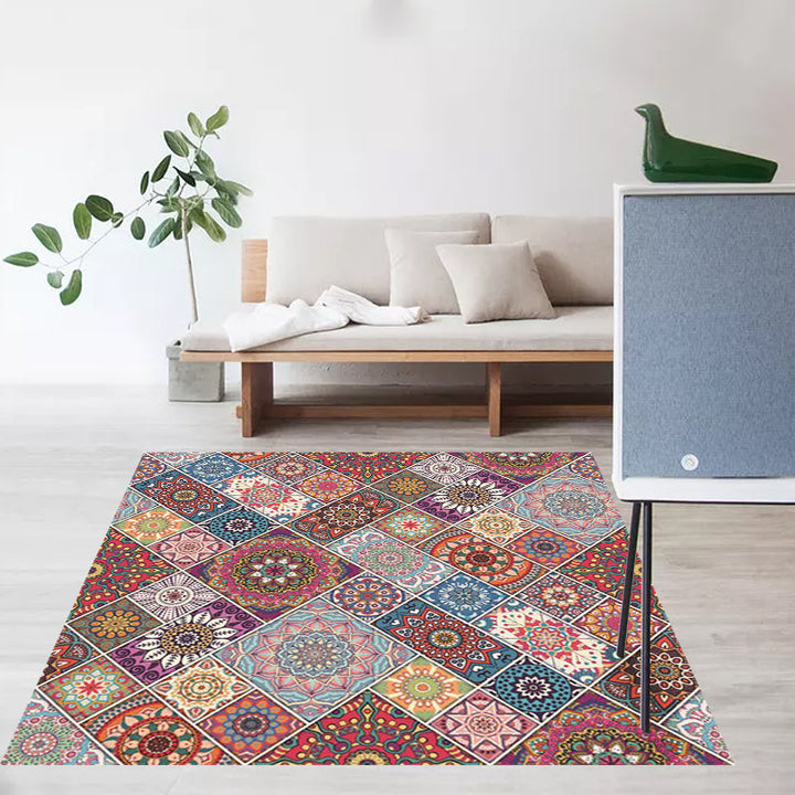 Lisslune | Colorful Bedroom Carpet Moroccan Tiles Carpet Polyester Non-slip Backing Carpet