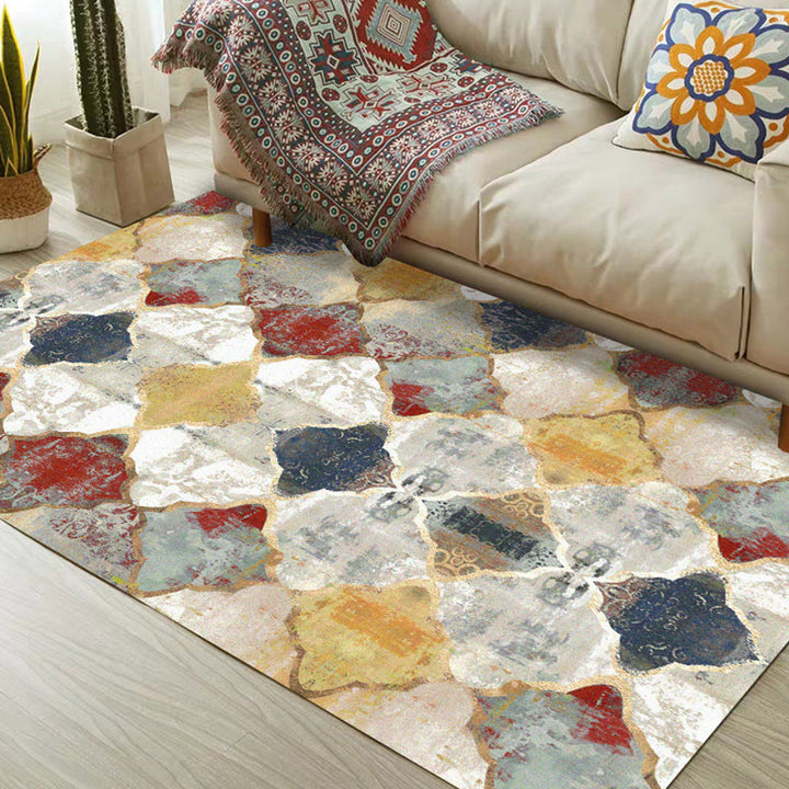 Lisslune | Ivory Bedroom Rug Moroccan Geometric Pattern Area Rug Polyester Non-Slip Back Pet-Friendly Rug
