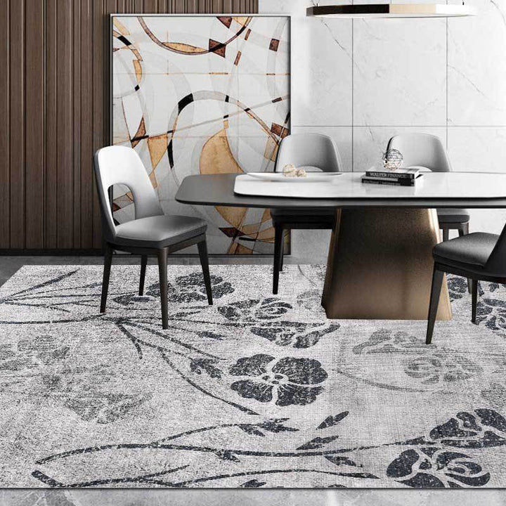 Lisslune | Gray Shabby Chic Rug Polyester Floral Pattern Rug Washable Non-Slip Back Rug for Living Room