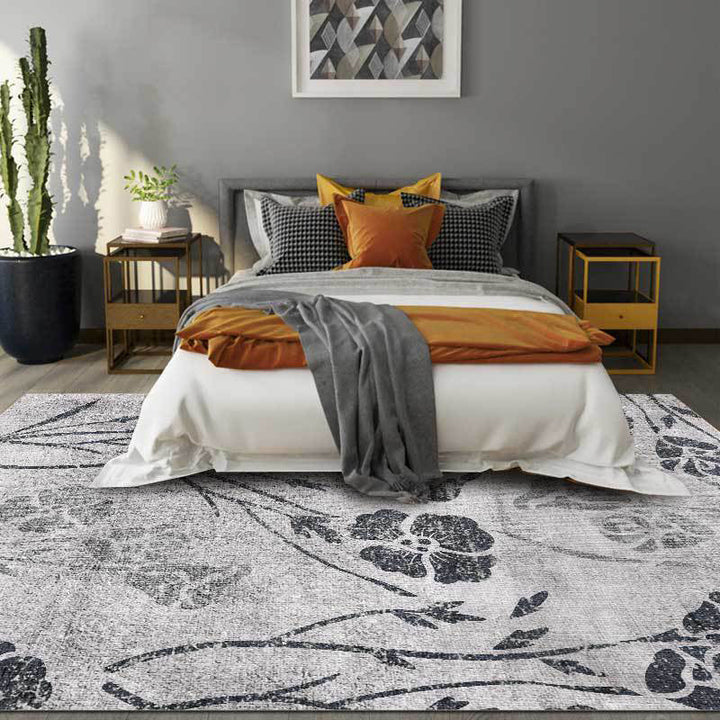 Lisslune | Gray Shabby Chic Rug Polyester Floral Pattern Rug Washable Non-Slip Back Rug for Living Room