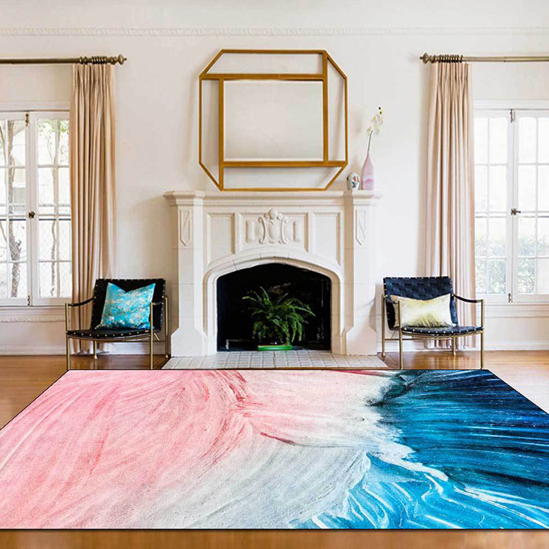 Lisslune | Modern Living Room Rug in Pink and Blue Abstract Color Block Print Rug Polyester Washable Non-Slip Rug