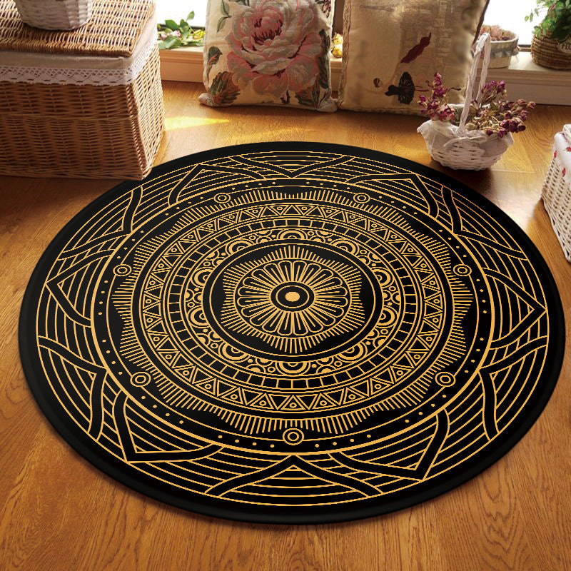 Lisslune | Moroccan Living Room Carpet with Black Circle-Triangle Pattern Carpet Polyester Stain-Resistant Area Rug