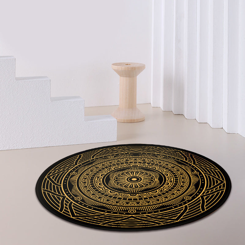 Lisslune | Moroccan Living Room Carpet with Black Circle-Triangle Pattern Carpet Polyester Stain-Resistant Area Rug