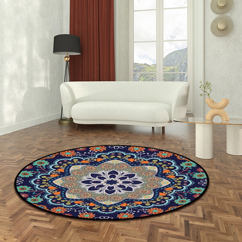 Lisslune | Mediterranean Moroccan rug in blue floral pattern rug Polyester pet-friendly rug for home decoration