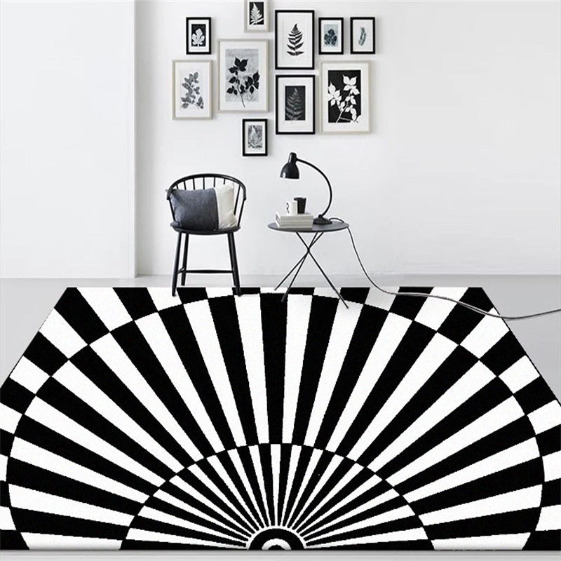Lisslune | Novelty Living Room Rug in Black and White 3D Half Circle Stripe Print Rug Polyester Pet Friendly Washable Area Rug