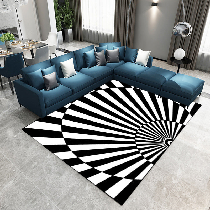 Lisslune | Novelty Living Room Rug in Black and White 3D Half Circle Stripe Print Rug Polyester Pet Friendly Washable Area Rug