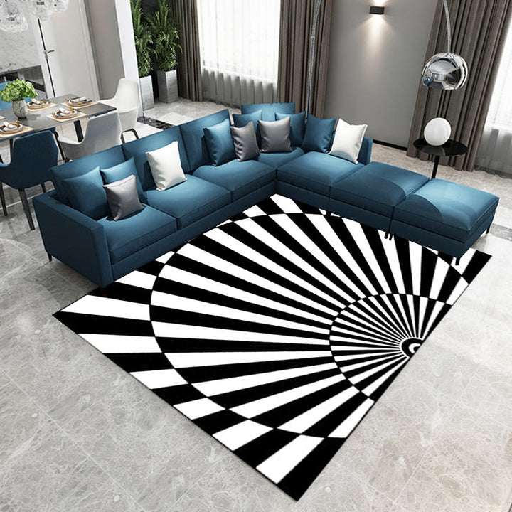 Lisslune | Novelty Living Room Rug in Black and White 3D Half Circle Stripe Print Rug Polyester Pet Friendly Washable Area Rug