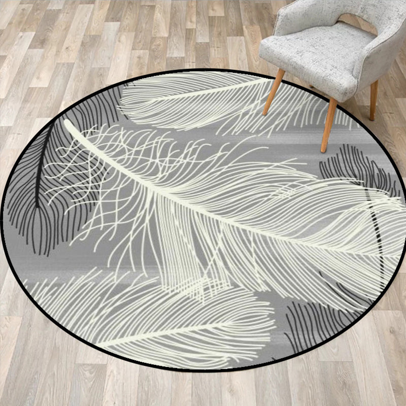 Lisslune | Gray and Black Tropical Carpet Mainly Polyester Feather Print Carpet Washable Non-Slip Back Carpet for Living Room