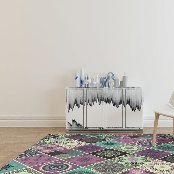 Lisslune | Purple Bedroom Rug Moroccan Flower Diamond Pattern Area Rug Polyester Non-Slip Back Machine Washable Rug