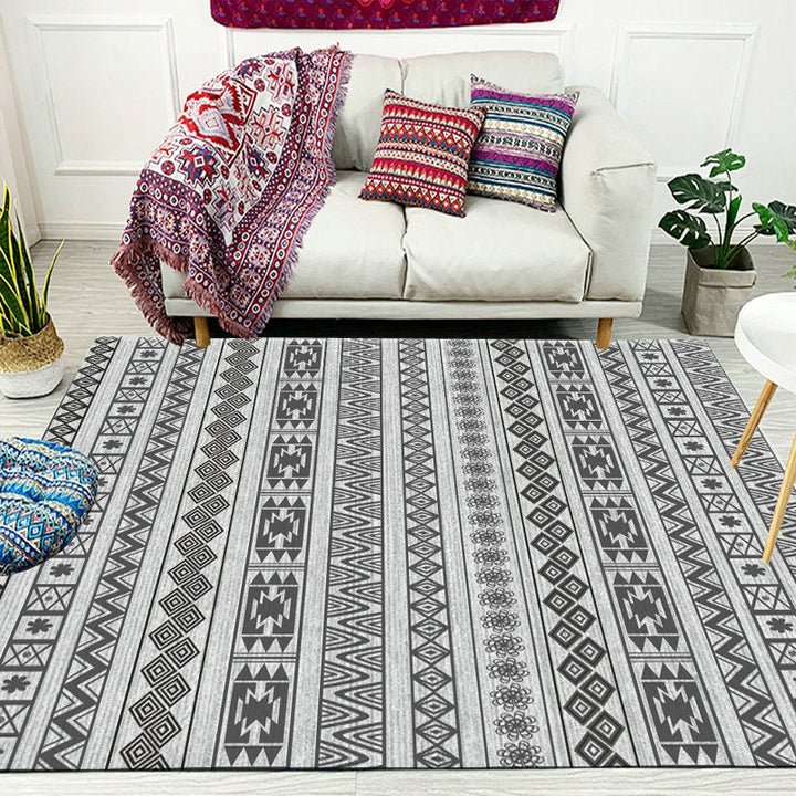 Lisslune | Southwest Living Room Rug in Gray Stripe Flower Geometry Print Rug Polyester Non-Slip Back Area Rug