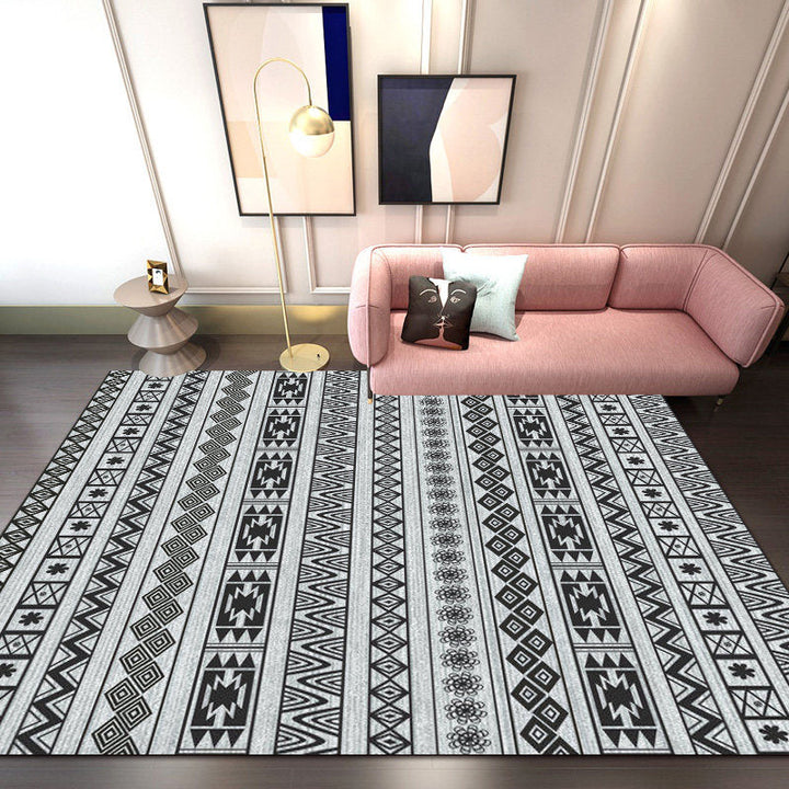 Lisslune | Southwest Living Room Rug in Gray Stripe Flower Geometry Print Rug Polyester Non-Slip Back Area Rug
