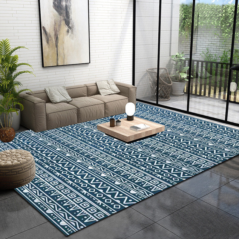 Lisslune | American Southwestern rug in blue stripes, Greek key, wave pattern, rug, polyester, washable rug for home decor