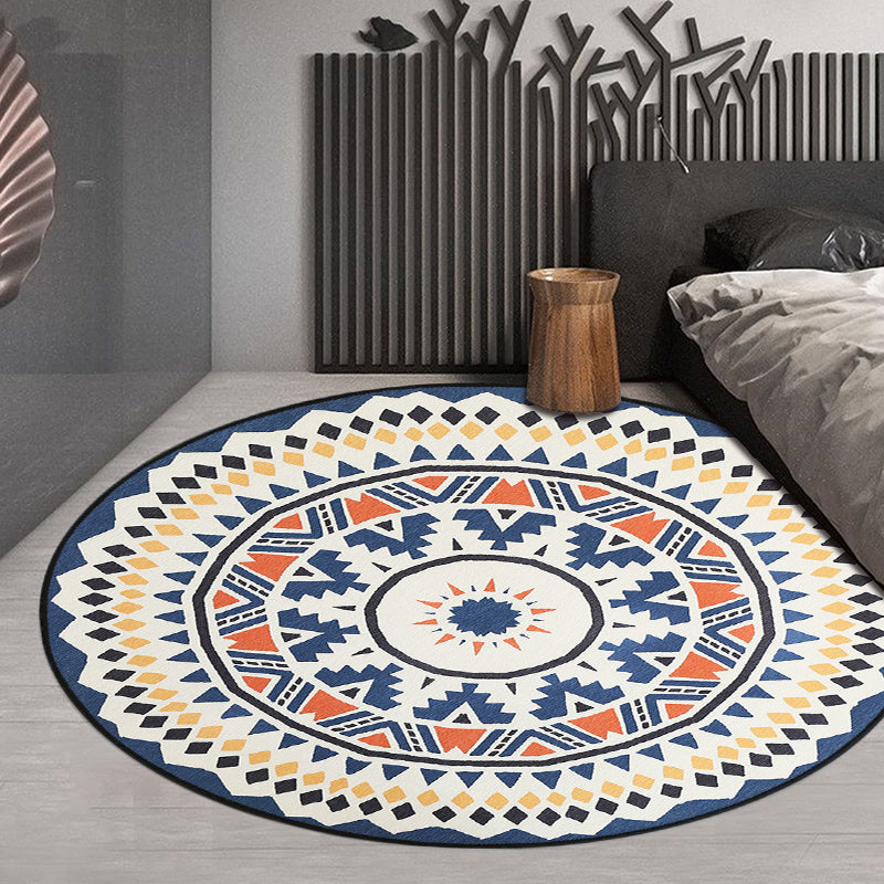 Lisslune | Southwest Living Area Rug in Ivory Circle Diamond Triangle Print Rug Polyester Washable Non-Slip Rug