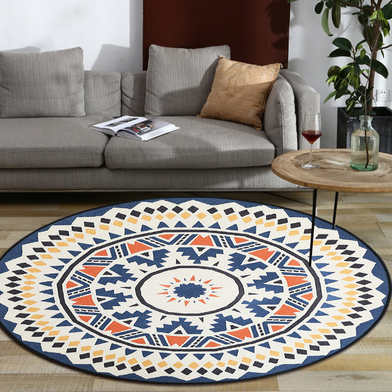 Lisslune | Southwest Living Area Rug in Ivory Circle Diamond Triangle Print Rug Polyester Washable Non-Slip Rug