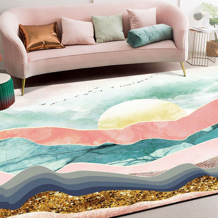 Lisslune | Novelty Living Room Carpet Colorful Mountain Sun Bird Print Carpet Polyester Pet Friendly Stain Resistant Area Rug
