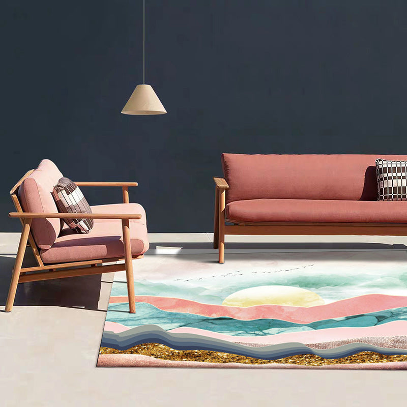 Lisslune | Novelty Living Room Carpet Colorful Mountain Sun Bird Print Carpet Polyester Pet Friendly Stain Resistant Area Rug