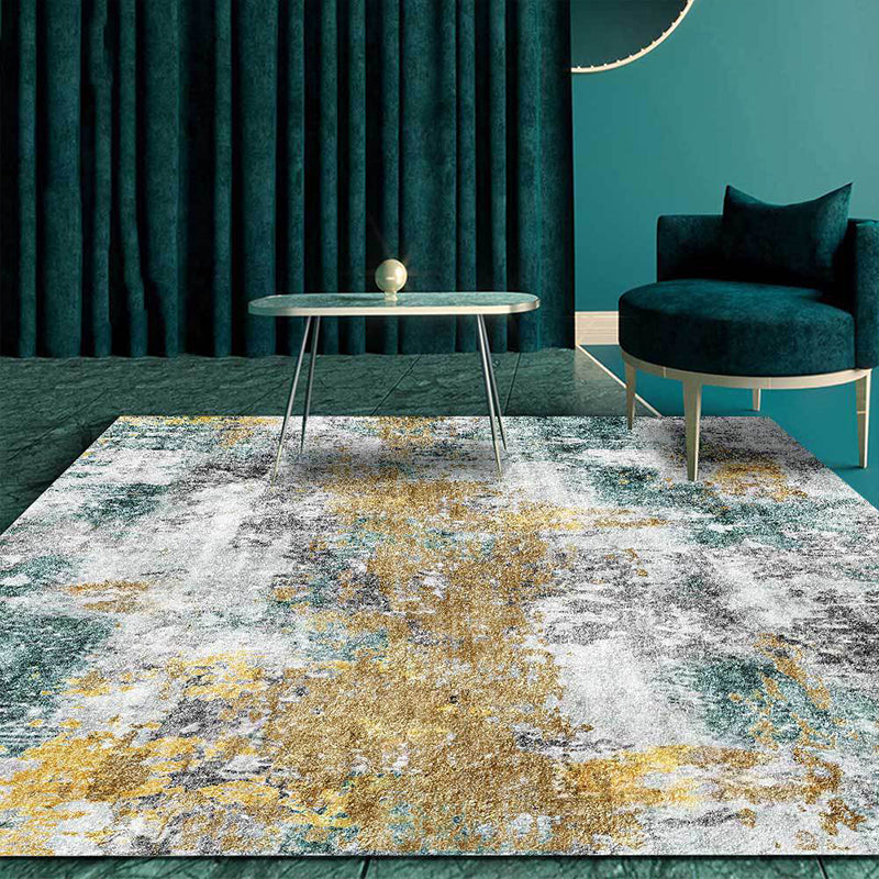 Lisslune | Unique Abstract Area Rug Gold and Green Industrial Rug Polyester Washable Non-Slip Back Area Rug for Living Room