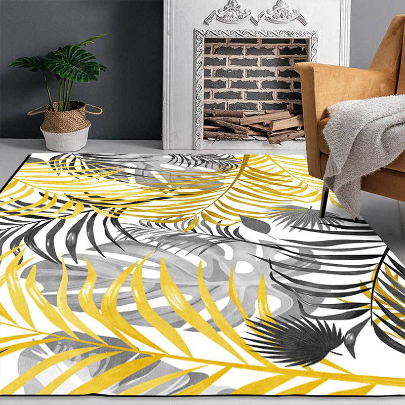 Lisslune | Yellow and White Casual Carpet Polyester Leaf Print Carpet Washable Non-Slip Backing Rug for Living Room