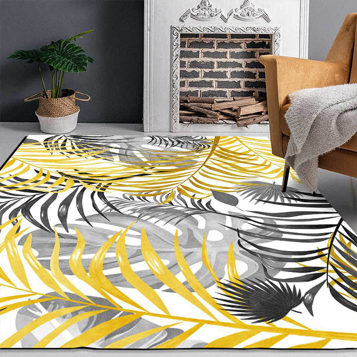 Lisslune | Yellow and White Casual Carpet Polyester Leaf Print Carpet Washable Non-Slip Backing Rug for Living Room