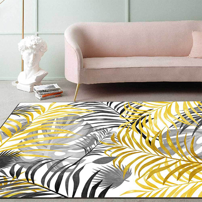 Lisslune | Yellow and White Casual Carpet Polyester Leaf Print Carpet Washable Non-Slip Backing Rug for Living Room