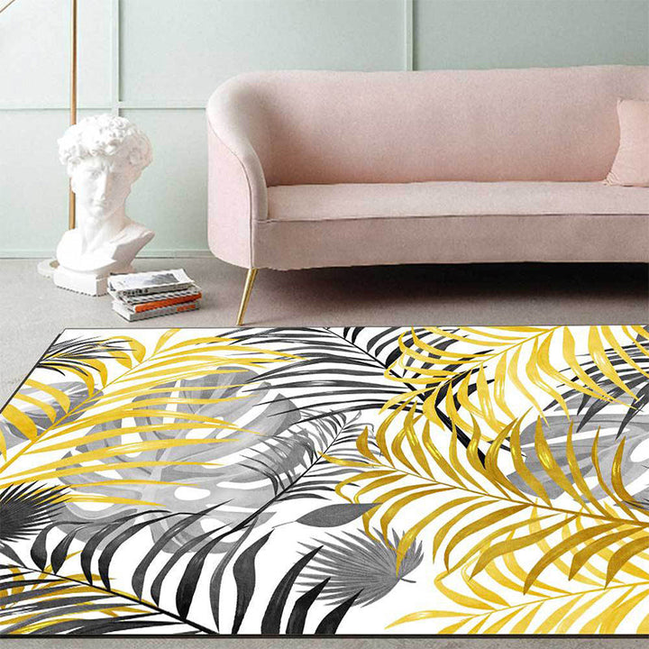 Lisslune | Yellow and White Casual Carpet Polyester Leaf Print Carpet Washable Non-Slip Backing Rug for Living Room