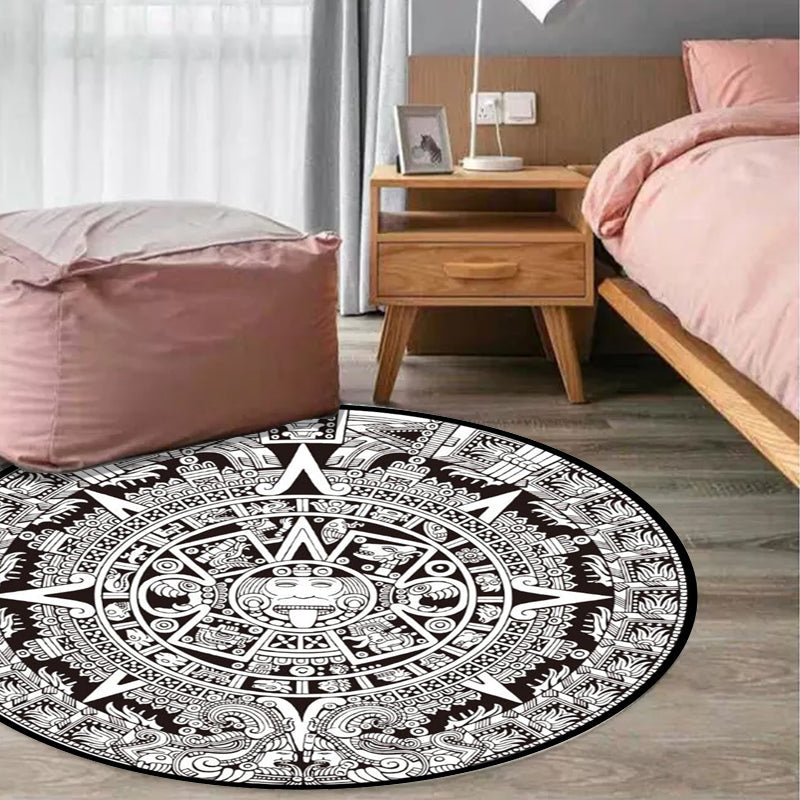 Lisslune | Black-white Bedroom Carpet Southwestern Tribal Circle Design Carpet Polyester Non-slip Washable Carpet