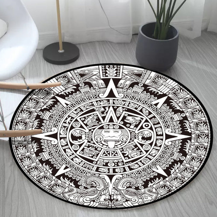 Lisslune | Black-white Bedroom Carpet Southwestern Tribal Circle Design Carpet Polyester Non-slip Washable Carpet