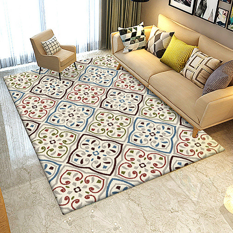 Lisslune | Ivory Bedroom Carpet Moroccan Motif Pattern Carpet Polyester Washable Stain Resistant Carpet