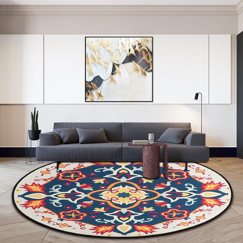Lisslune | Moroccan Living Room Rug in Blue Floral Pattern Rug Polyester Machine Washable Area Rug