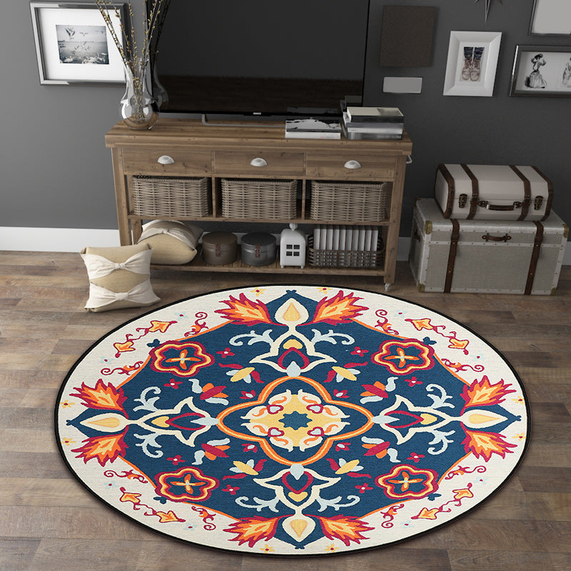 Lisslune | Moroccan Living Room Rug in Blue Floral Pattern Rug Polyester Machine Washable Area Rug