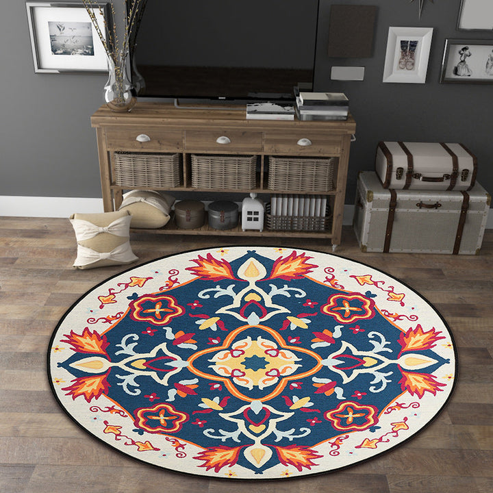 Lisslune | Moroccan Living Room Rug in Blue Floral Pattern Rug Polyester Machine Washable Area Rug