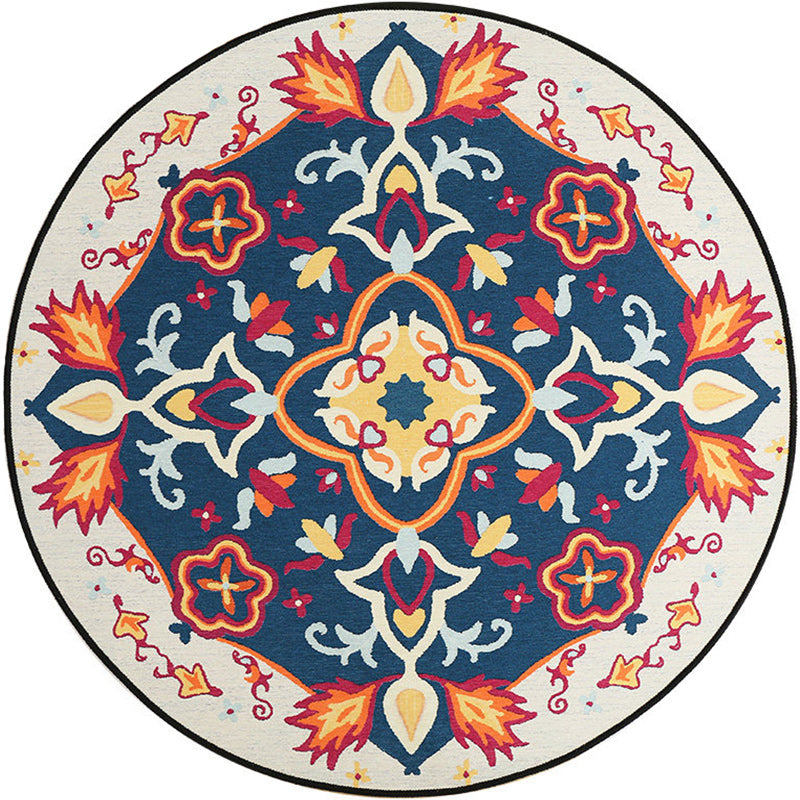 Lisslune | Moroccan Living Room Rug in Blue Floral Pattern Rug Polyester Machine Washable Area Rug