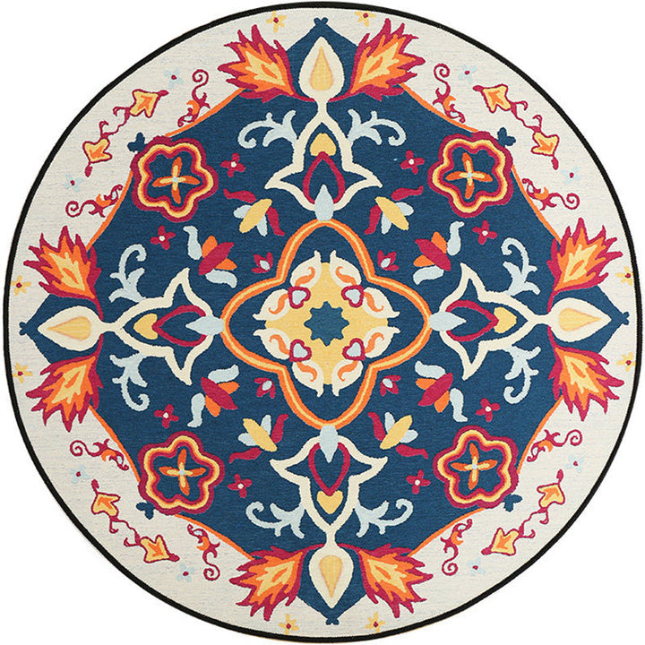 Lisslune | Moroccan Living Room Rug in Blue Floral Pattern Rug Polyester Machine Washable Area Rug
