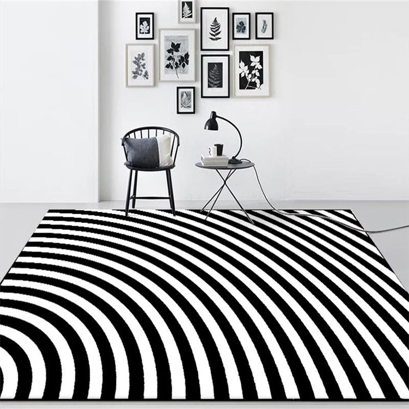 Lisslune | Black and White Bedroom Carpet Novelty 3D Half Arch Pattern Rug Polyester Non-slip Stain Resistant Carpet