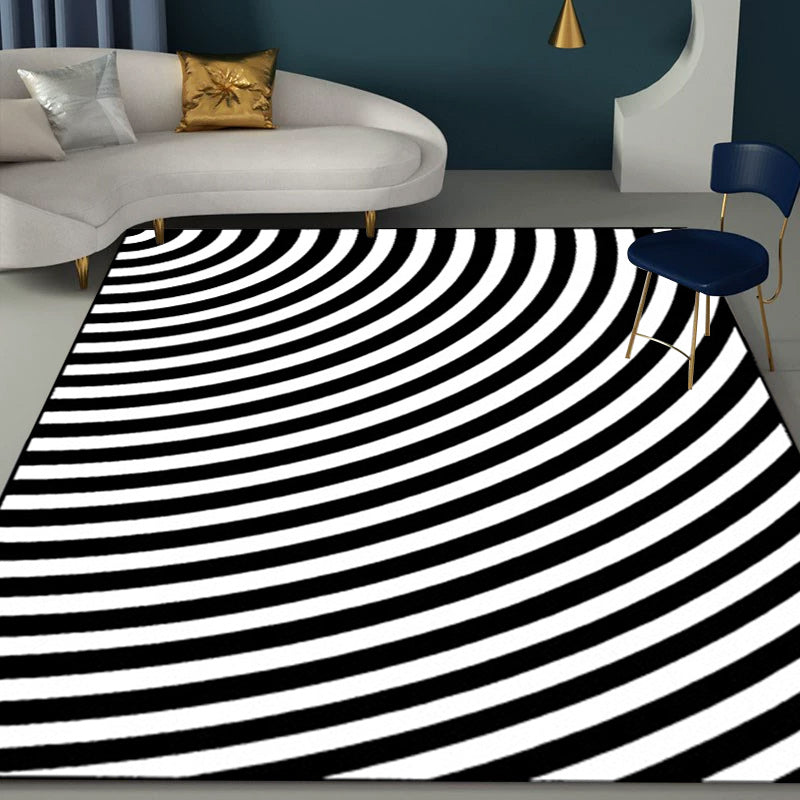 Lisslune | Black and White Bedroom Carpet Novelty 3D Half Arch Pattern Rug Polyester Non-slip Stain Resistant Carpet