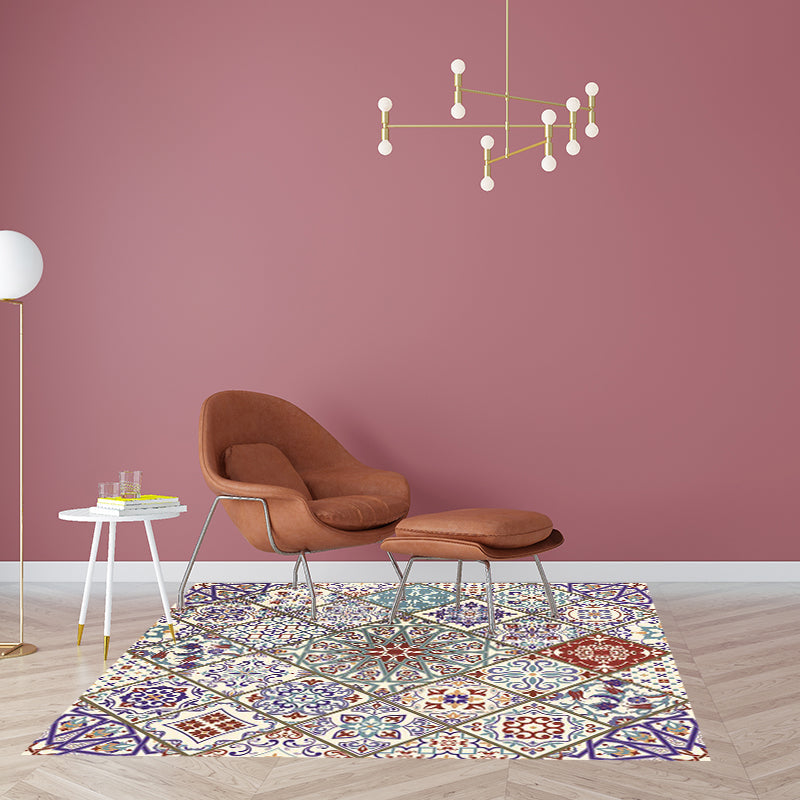 Lisslune | Ivory Bedroom Carpet Moroccan Flower Geometric Pattern Area Rug Polyester Non-Slip Pet-Friendly Rug