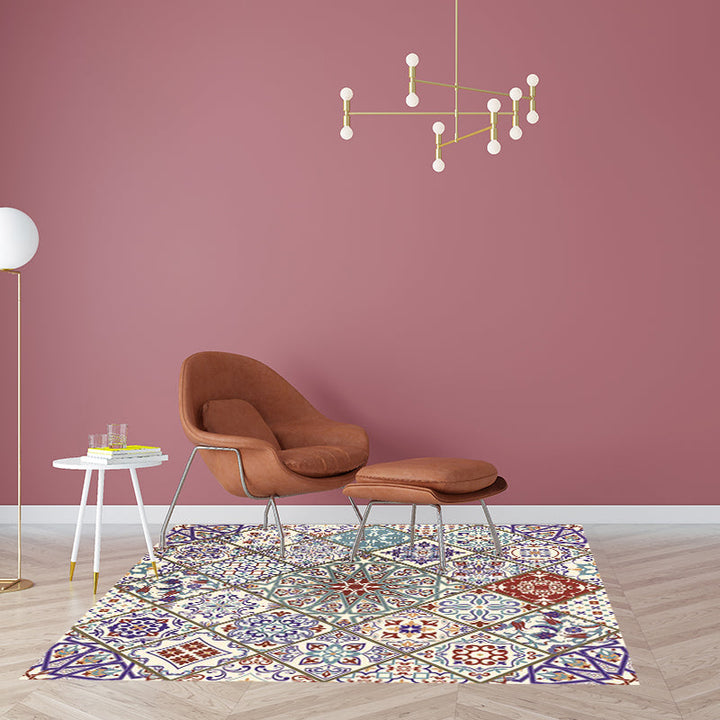 Lisslune | Ivory Bedroom Carpet Moroccan Flower Geometric Pattern Area Rug Polyester Non-Slip Pet-Friendly Rug