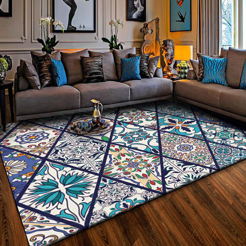 Lisslune | American Moroccan rug in blue diamond flower pattern rug polyester non-slip washable rug for home decor