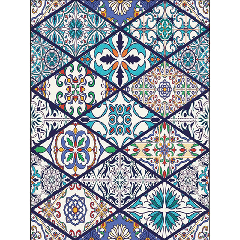 Lisslune | American Moroccan rug in blue diamond flower pattern rug polyester non-slip washable rug for home decor