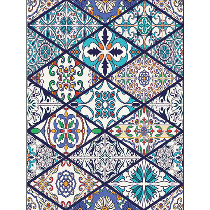 Lisslune | American Moroccan rug in blue diamond flower pattern rug polyester non-slip washable rug for home decor