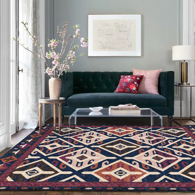 Lisslune | Moroccan Living Room Rug in Blue and Red Diamond Triangle Print Carpet Polyester Washable Non-Slip Area Rug