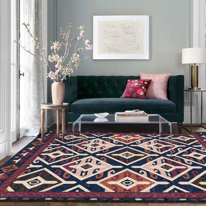 Lisslune | Moroccan Living Room Rug in Blue and Red Diamond Triangle Print Carpet Polyester Washable Non-Slip Area Rug