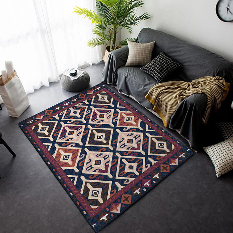 Lisslune | Moroccan Living Room Rug in Blue and Red Diamond Triangle Print Carpet Polyester Washable Non-Slip Area Rug