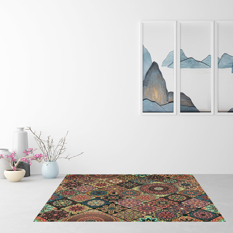 Lisslune | Moroccan Living Room Carpet with Brown Flower Diamond Print Carpet Polyester Non-slip Back Stain-resistant Carpet