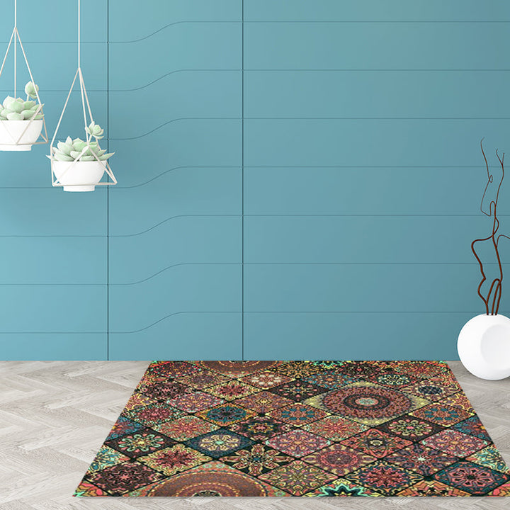 Lisslune | Moroccan Living Room Carpet with Brown Flower Diamond Print Carpet Polyester Non-slip Back Stain-resistant Carpet