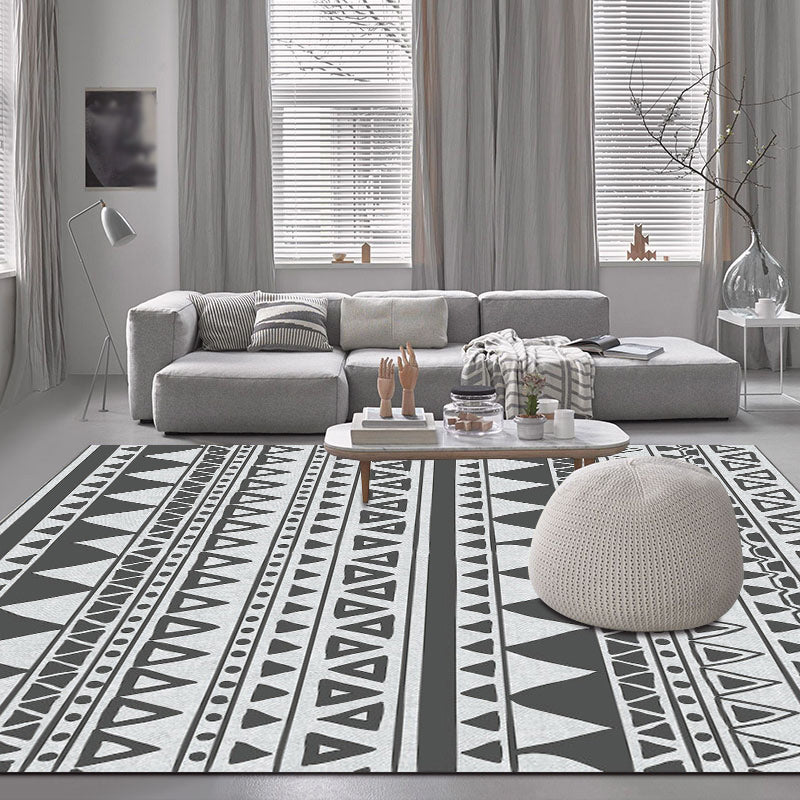 Lisslune | Gray and Black Bedroom Rug Southwest Stripes Dots Triangle Pattern Area Rug Polyester Non-Slip Back Rug
